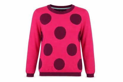 Front view of Dickens & Jones women’s pink round neck polka dot nylon jumper, size M