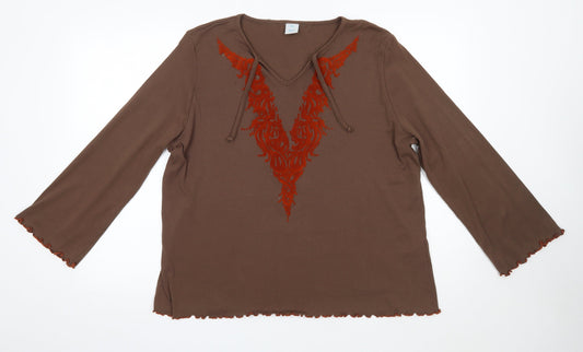 M&S Womens Brown  Cotton Basic Blouse Size 2XL Round Neck - Frill Detail Bohemian