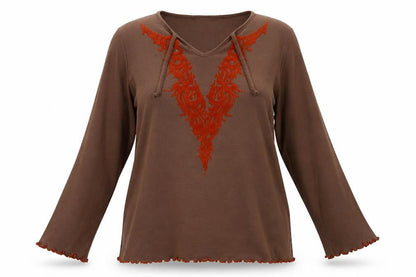 Front view of Marks & Spencer women’s brown cotton basic blouse, size 2XL, round neck - frill detail bohemian