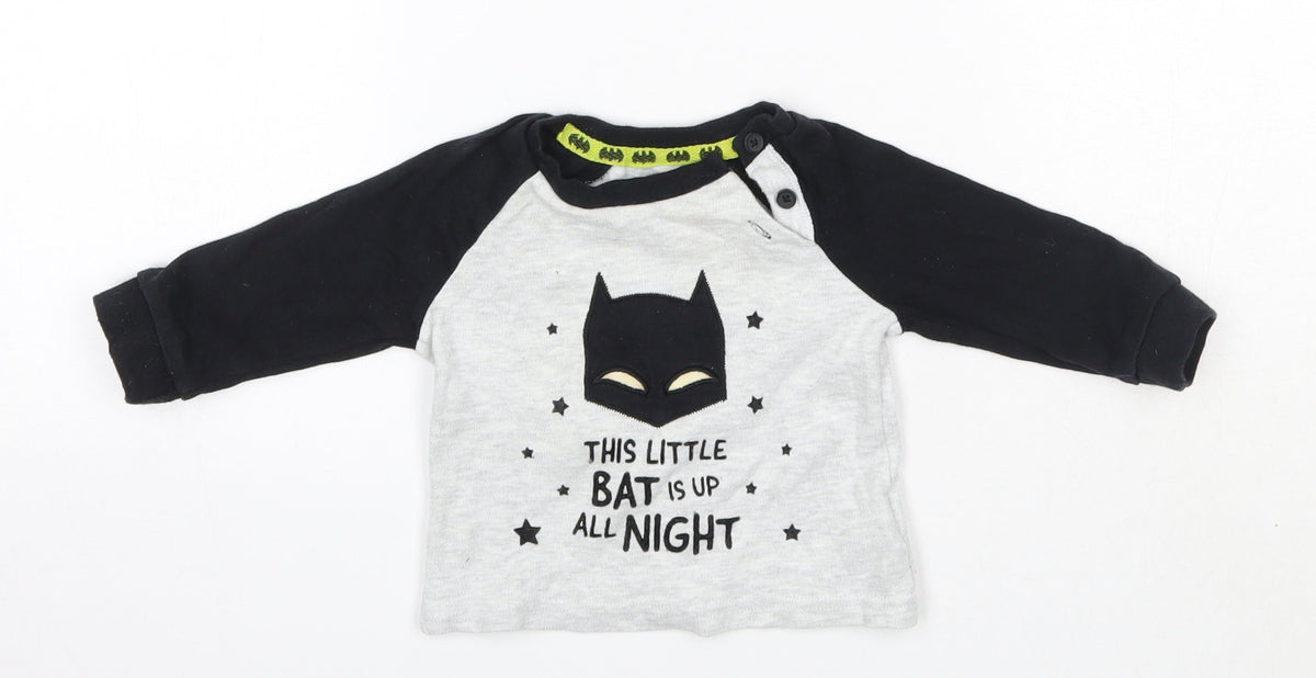 Front view of Primark Baby Multicoloured Solid Cotton Pyjama Top, size 6-9, Months - Batman