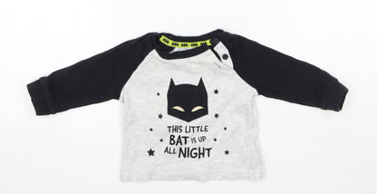 Front view of Primark Baby Multicoloured Solid Cotton Pyjama Top, size 6-9, Months - Batman