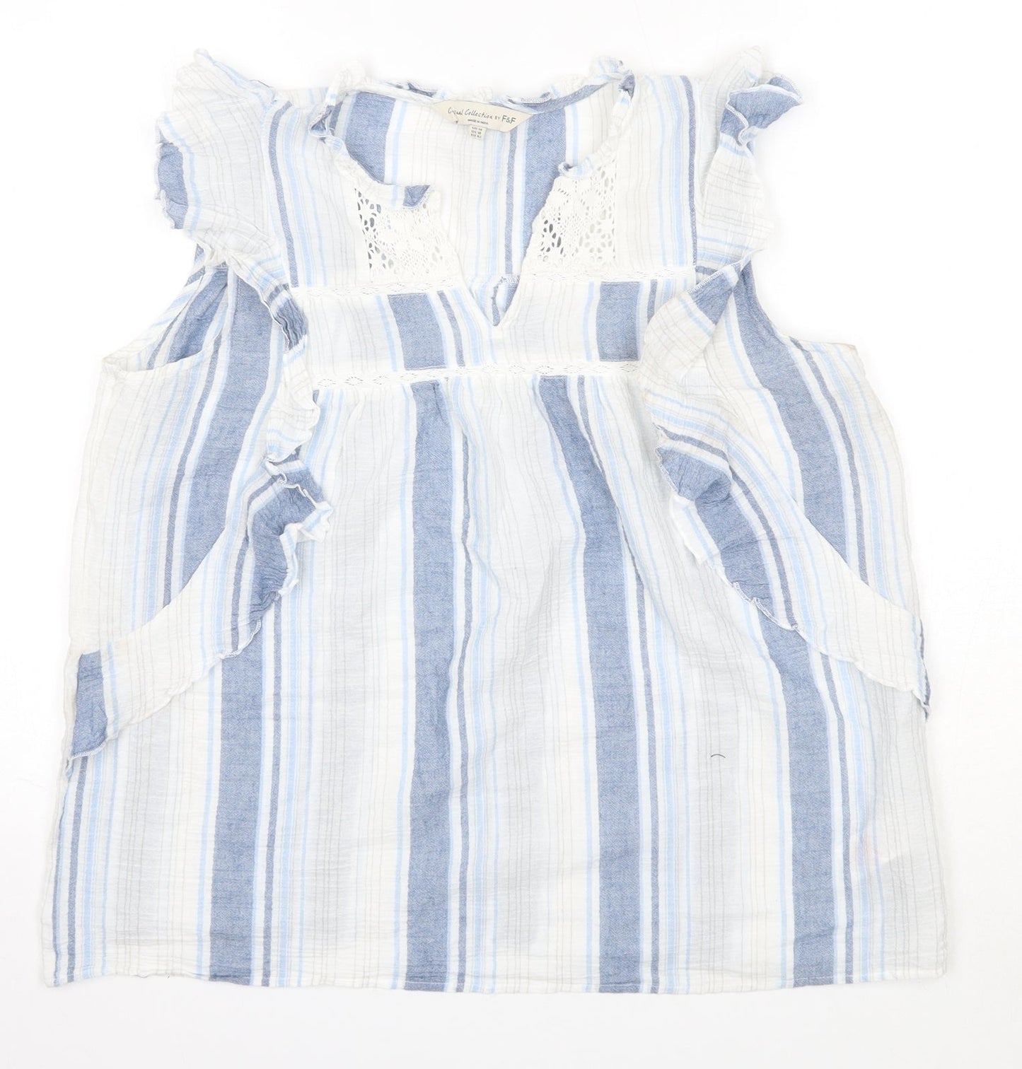 F&F Womens Blue Striped 100% Cotton Basic Blouse Size 14 Round Neck