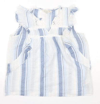 F&F Womens Blue Striped 100% Cotton Basic Blouse Size 14 Round Neck