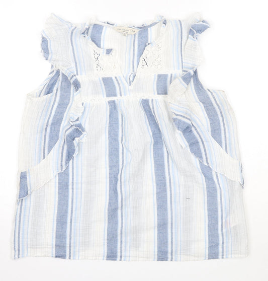 F&F Womens Blue Striped 100% Cotton Basic Blouse Size 14 Round Neck