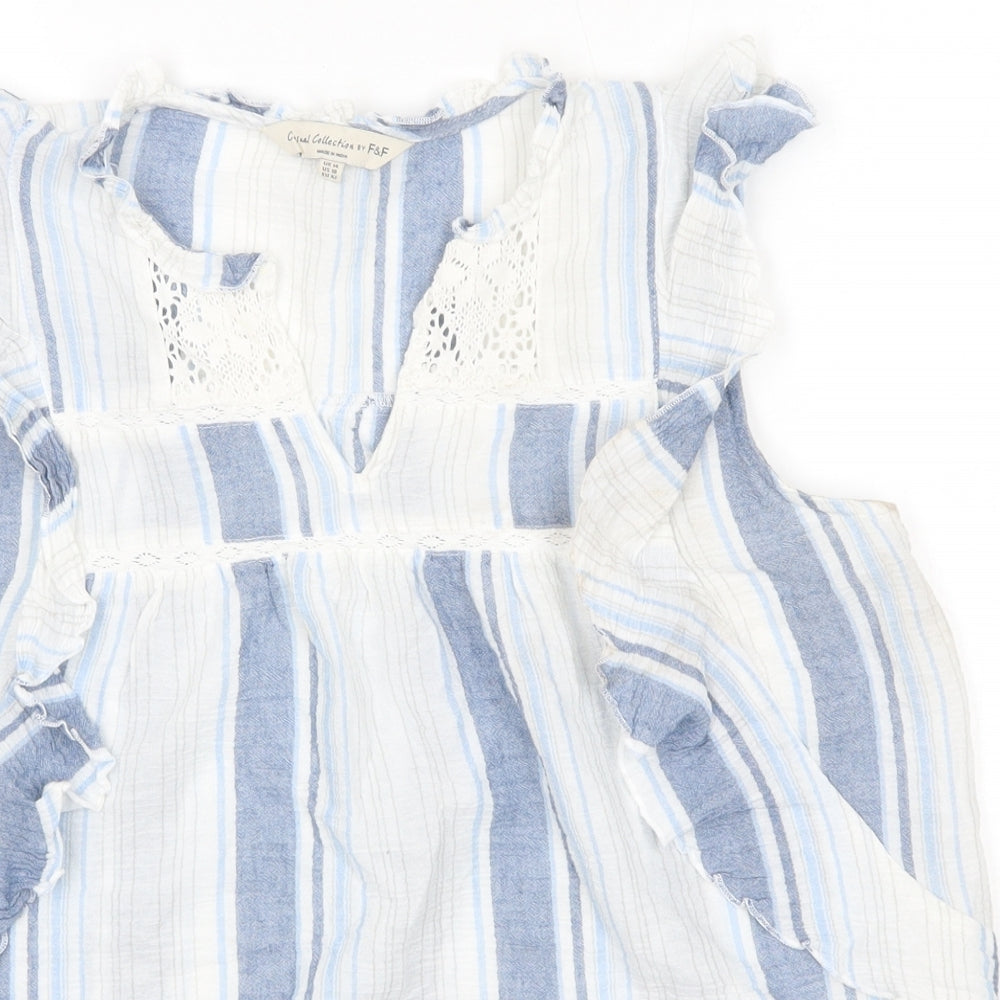 F&F Womens Blue Striped 100% Cotton Basic Blouse Size 14 Round Neck