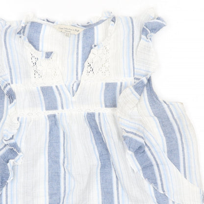 F&F Womens Blue Striped 100% Cotton Basic Blouse Size 14 Round Neck