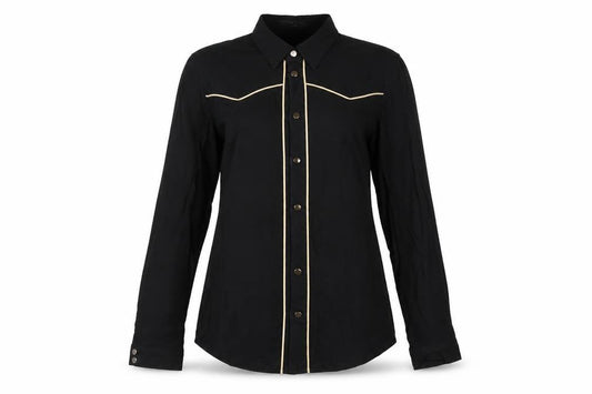 Front view of Atmosphere women’s black viscose basic button-up, size UK 6, collared