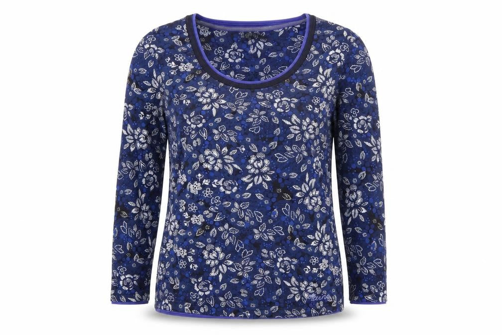 Front view of Debenhams women’s blue round neck floral cotton jumper, size UK 12