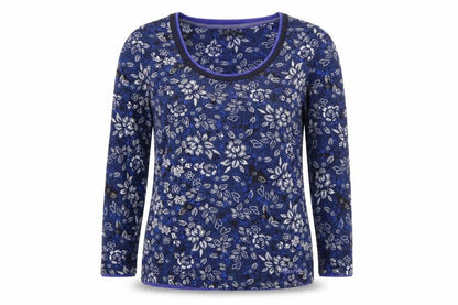 Front view of Debenhams women’s blue round neck floral cotton jumper, size UK 12