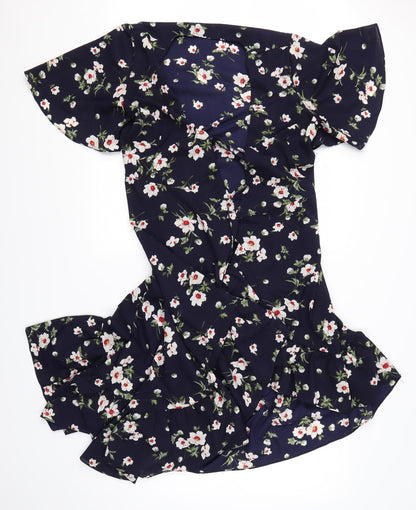Lucy Wang Womens Blue Round Neck Floral Polyester Cardigan Jumper Size M