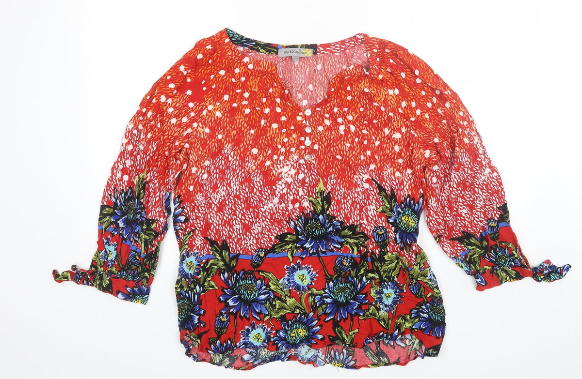 Additional front view of Figuerca & Flower women’s orange floral basic blouse, size XL, v-neck