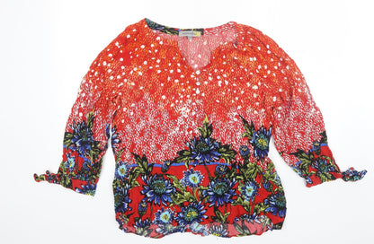 Additional front view of Figuerca & Flower women’s orange floral basic blouse, size XL, v-neck