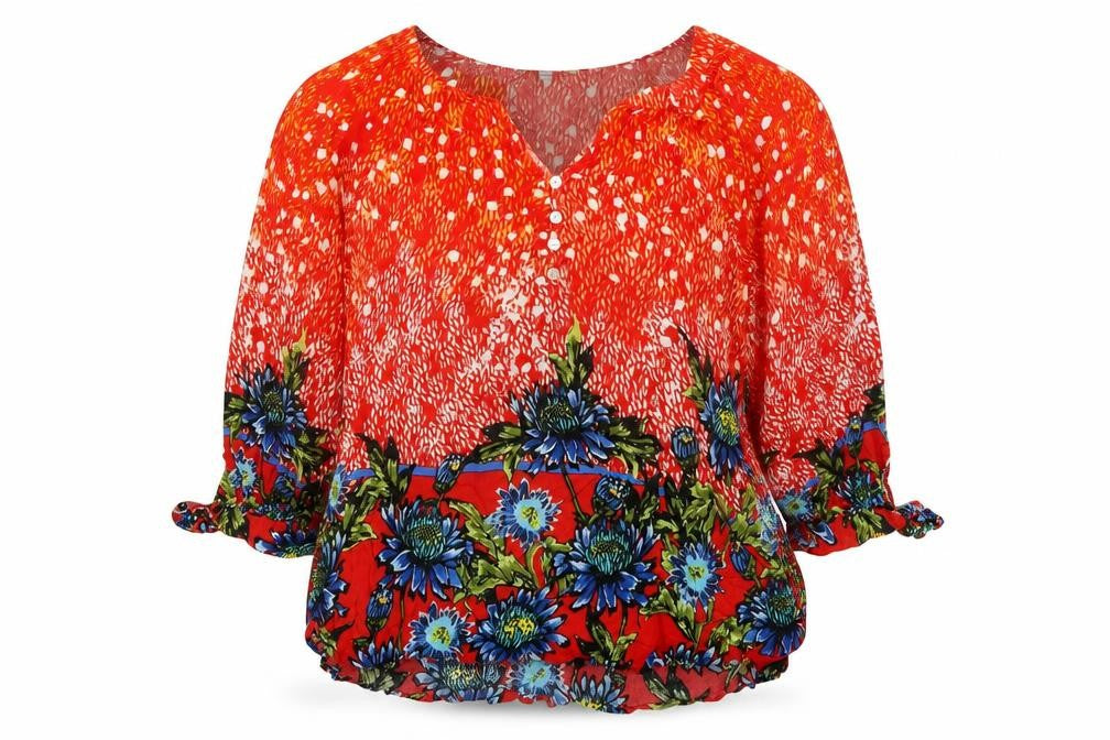 Front view of Figuerca & Flower women’s orange floral basic blouse, size XL, v-neck
