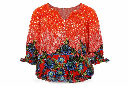 Front view of Figuerca & Flower women’s orange floral basic blouse, size XL, v-neck