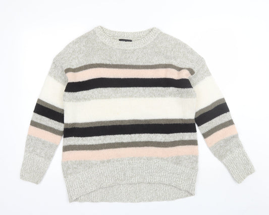 New Look Womens Grey Round Neck Striped Acrylic Pullover Jumper Size M
