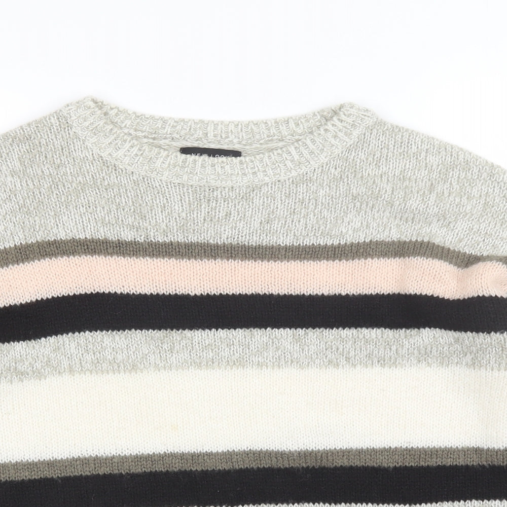 New Look Womens Grey Round Neck Striped Acrylic Pullover Jumper Size M