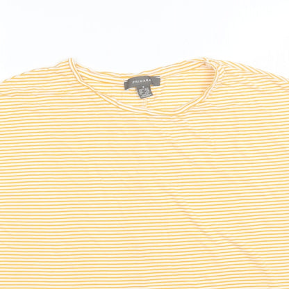 Primark Womens Yellow Striped Viscose Basic T-Shirt Size S Round Neck