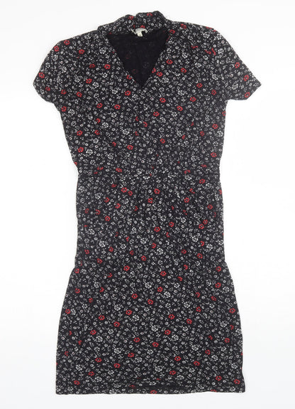 Papaya Womens Black Floral Viscose Shift  Size 8  V-Neck