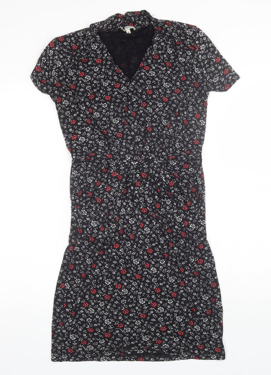 Papaya Womens Black Floral Viscose Shift  Size 8  V-Neck