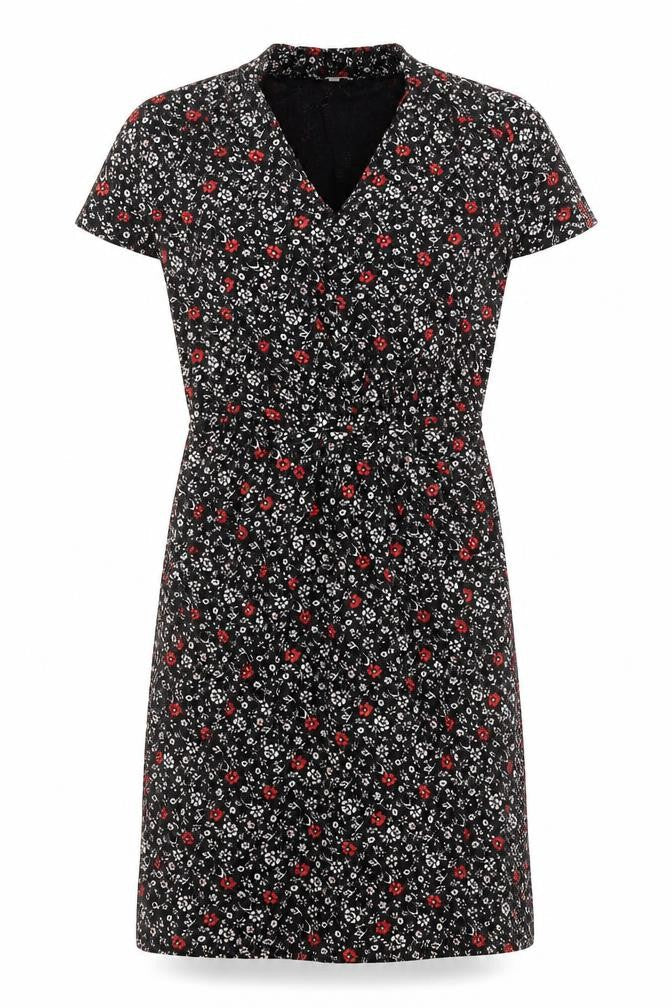 Front view of Papaya women’s black floral viscose shift, size UK 8, v-neck