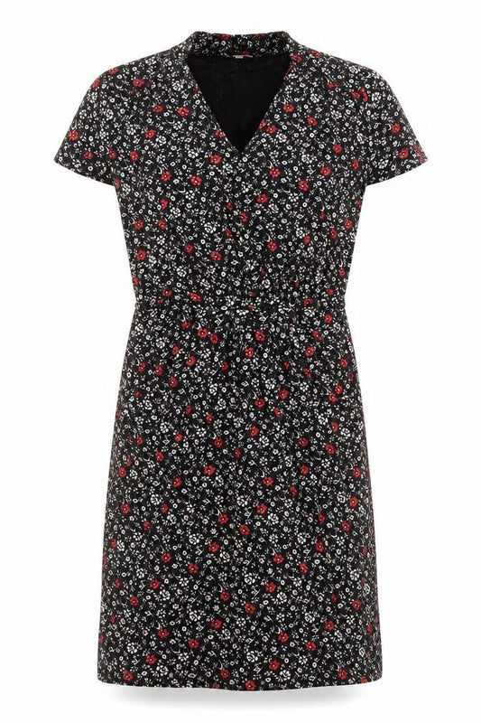 Front view of Papaya women’s black floral viscose shift, size UK 8, v-neck