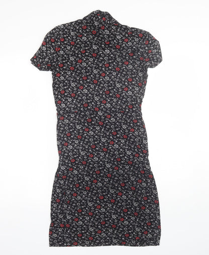 Papaya Womens Black Floral Viscose Shift  Size 8  V-Neck