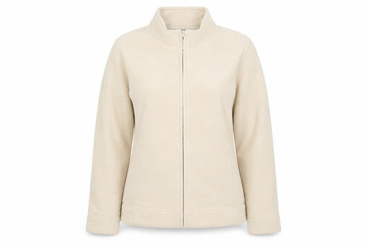 Front view of Isle women’s beige collared polyester full zip jumper, size M