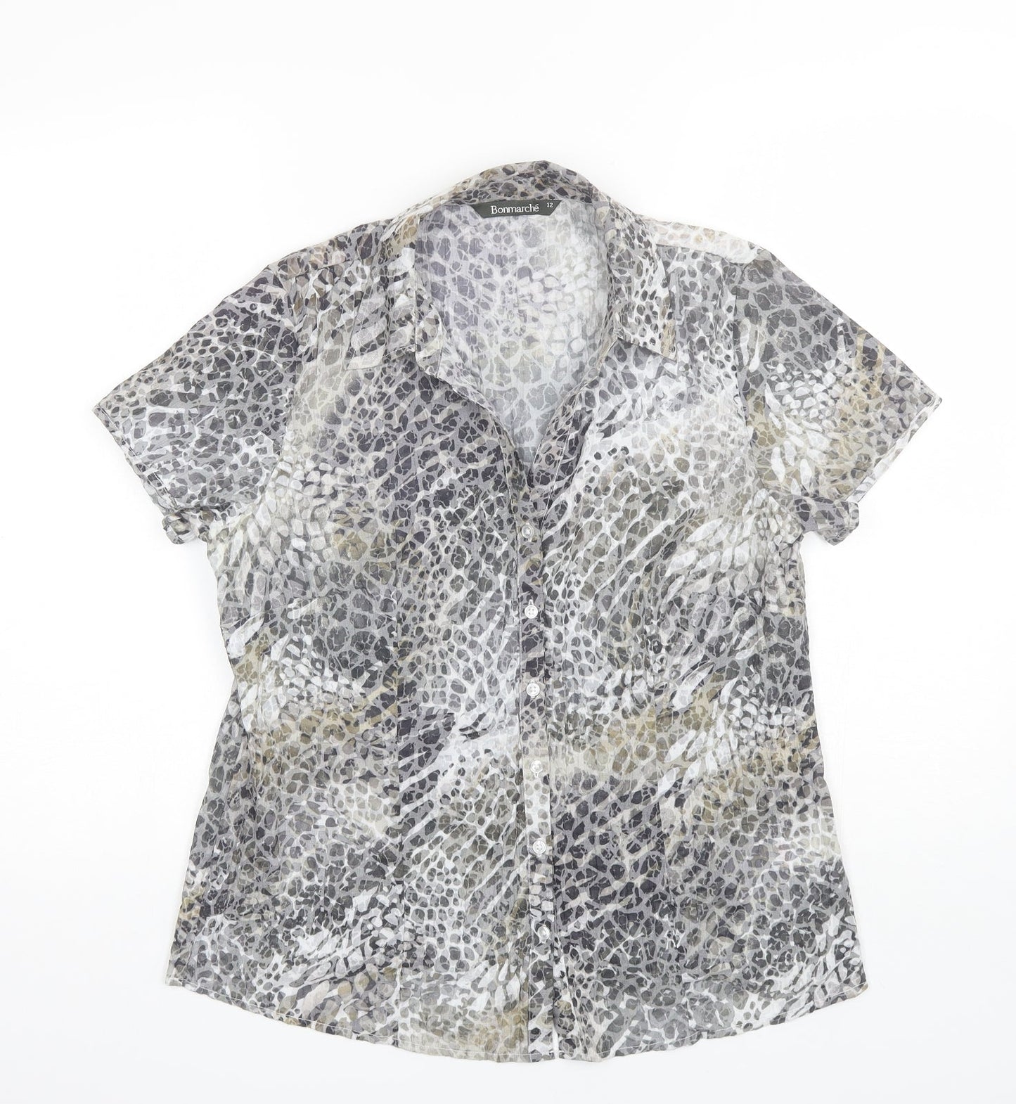 Bonmarche Womens Black Animal Print Polyester Basic Blouse Size 12 Collared