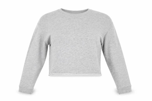 Front view of Miss Selfridge women’s grey round neck polyester jumper, size UK 6, - cropped