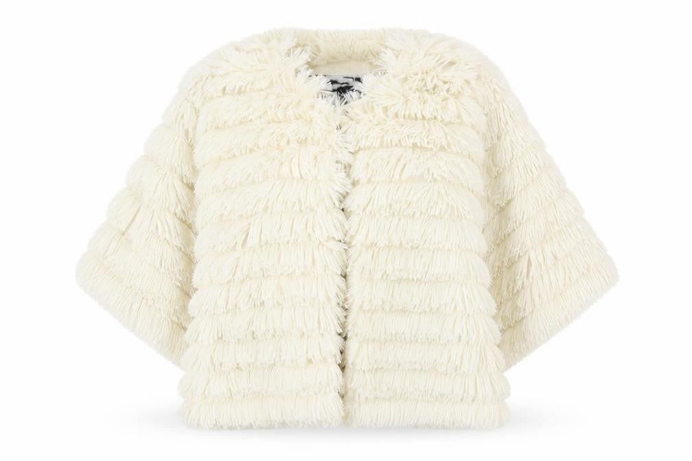 Front view of INDULGENCE women’s white striped overcoat poncho, size UK 16