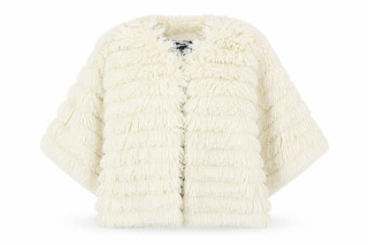 Front view of INDULGENCE women’s white striped overcoat poncho, size UK 16