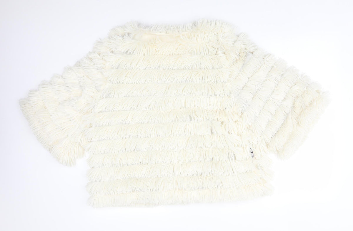 Back view of INDULGENCE women’s white striped overcoat poncho, size UK 16