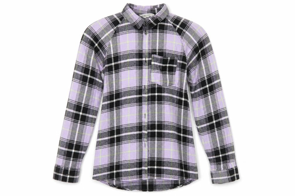 Front view of H&M boys’ blue plaid cotton basic button-up, size 12, years collared