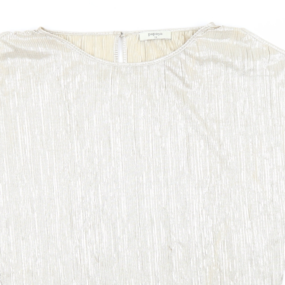 Papaya Womens Gold Striped Polyester Basic T-Shirt Size 12 Round Neck