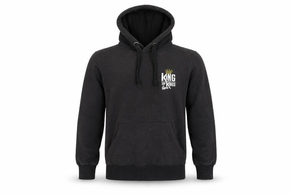 Front view of Preworn men’s brown cotton pullover hoodie, size S, - king of kings gym