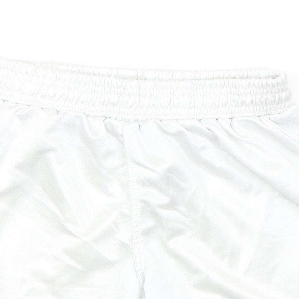 Close-up detail of Macron boys’ white polyester utility shorts