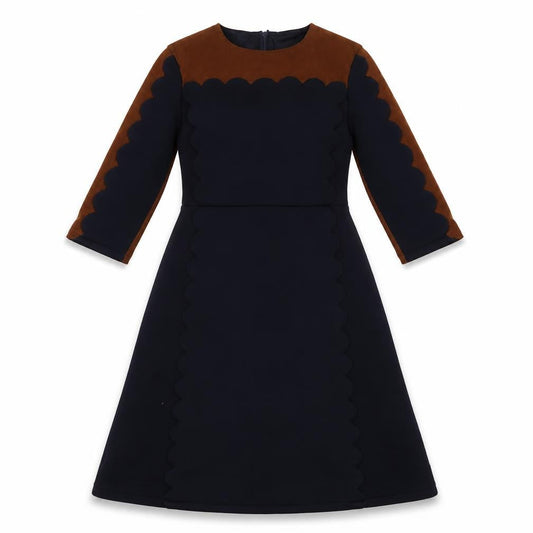 Front view of Magnolia women’s blue colourblock polyester fit & flare, size XS, crew neck