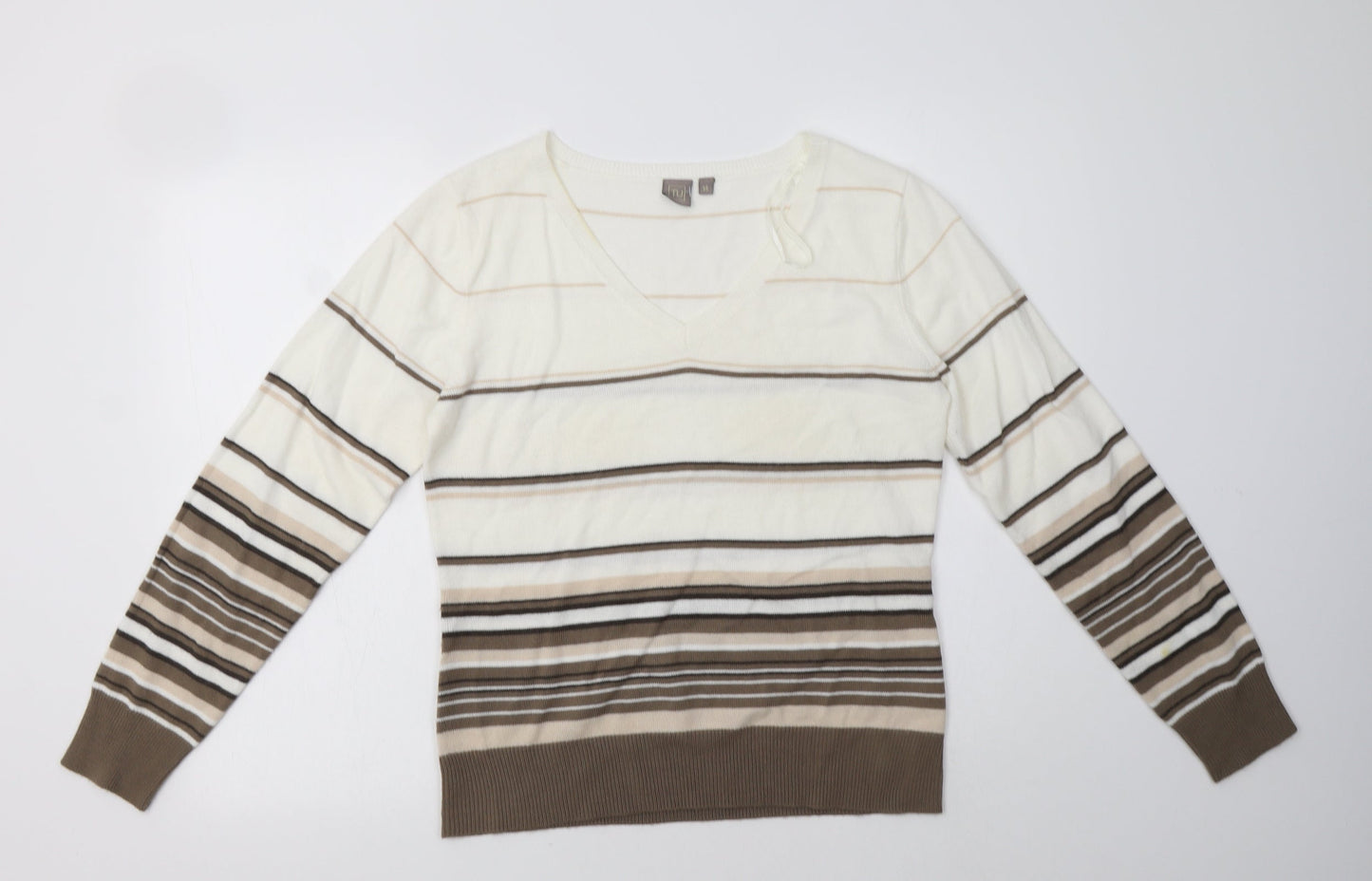 TU Womens White V-Neck Striped Acrylic Shrug Jumper Size 14