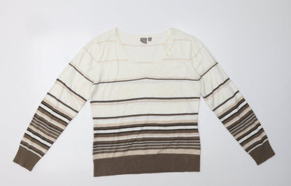 TU Womens White V-Neck Striped Acrylic Shrug Jumper Size 14