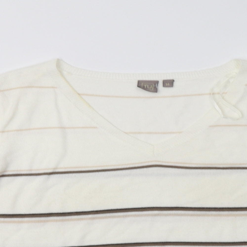 TU Womens White V-Neck Striped Acrylic Shrug Jumper Size 14