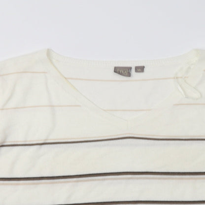 TU Womens White V-Neck Striped Acrylic Shrug Jumper Size 14