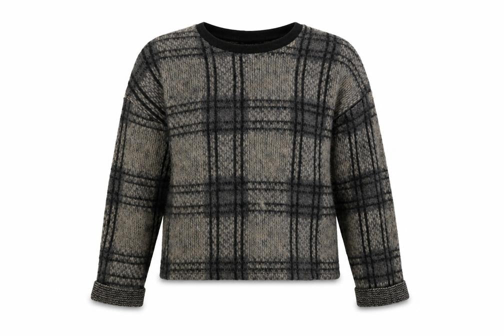 Front view of Topshop women’s beige crew neck check acrylic jumper, size UK 6