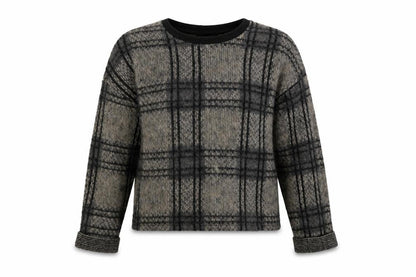 Front view of Topshop women’s beige crew neck check acrylic jumper, size UK 6