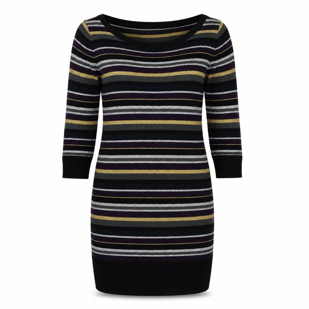 Front view of Soaked in Luxury women’s multicoloured striped acrylic jumper dress, size S, boat neck