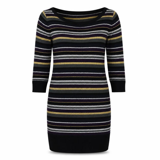 Front view of Soaked in Luxury women’s multicoloured striped acrylic jumper dress, size S, boat neck