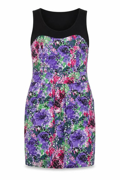 Front view of Internationale women’s purple floral cotton shift, size UK 14, round neck