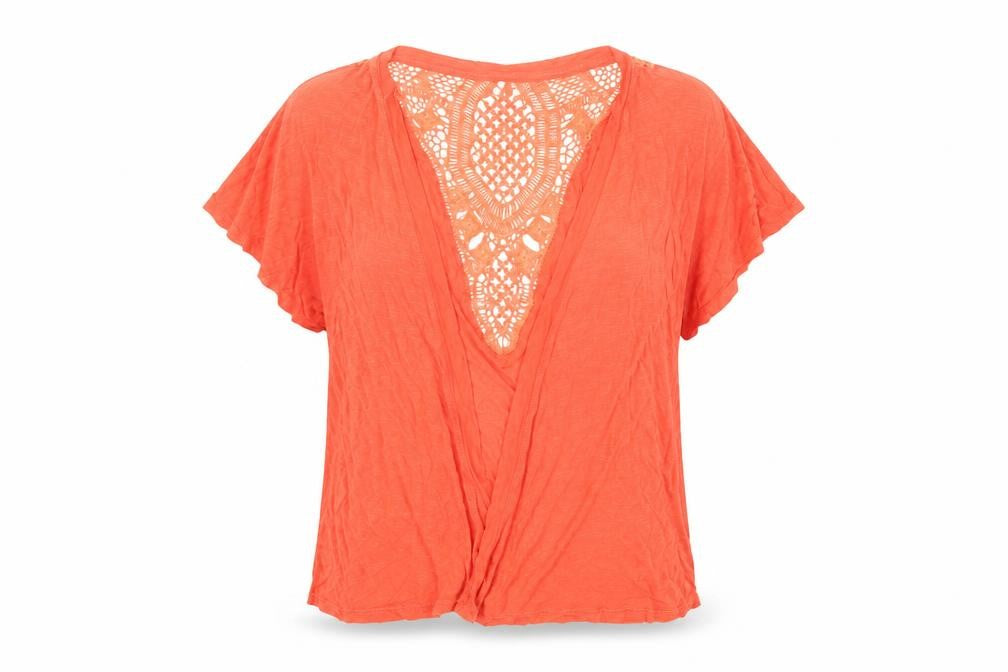 Front view of Intuition women’s orange v-neck viscose shrug jumper, size S
