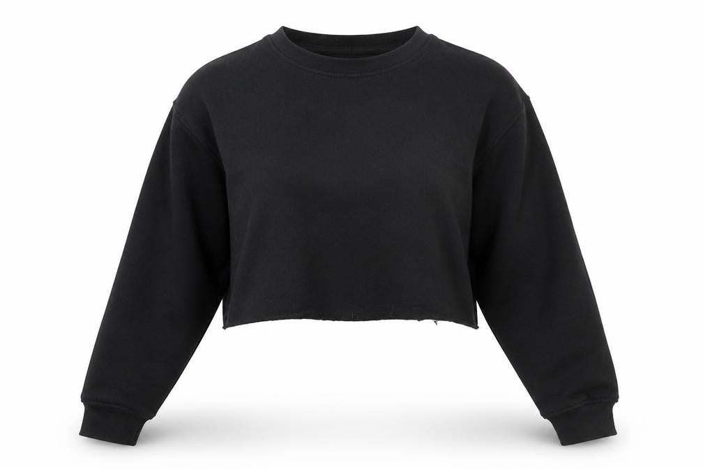 Front view of PRETTYLITTLETHING women’s black round neck cotton jumper, size M, - cropped