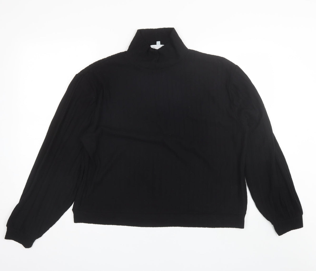 Front view of Loungable women’s black mock neck polyester jumper, size UK 14