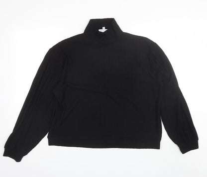 Front view of Loungable women’s black mock neck polyester jumper, size UK 14
